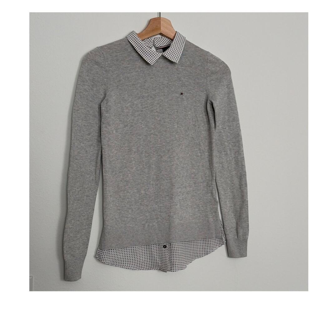 Tommy Hilfiger Women's Collared Polka Dot Layered Knit Pullover Sweater Gray XXS